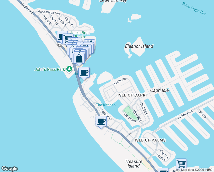 map of restaurants, bars, coffee shops, grocery stores, and more near 12500 Capri Circle North in Treasure Island