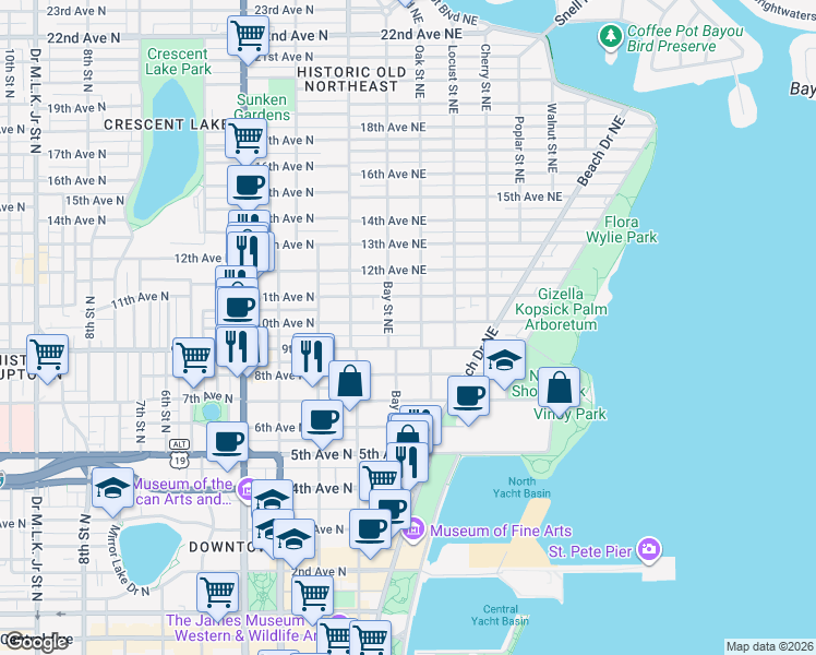 map of restaurants, bars, coffee shops, grocery stores, and more near 249 9th Avenue North in St. Petersburg