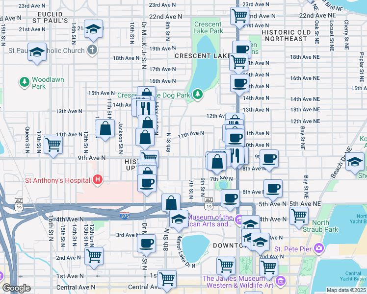 map of restaurants, bars, coffee shops, grocery stores, and more near 910 Crescent Lake Drive North in St. Petersburg