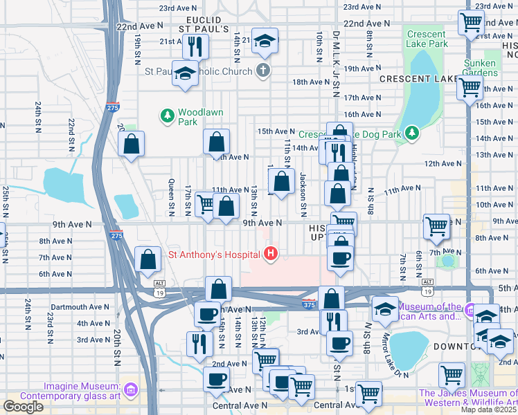 map of restaurants, bars, coffee shops, grocery stores, and more near 1225 9th Avenue North in St. Petersburg
