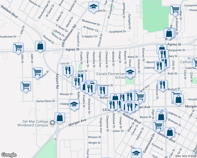 map of restaurants, bars, coffee shops, grocery stores, and more near 333 Virginia Avenue in Corpus Christi