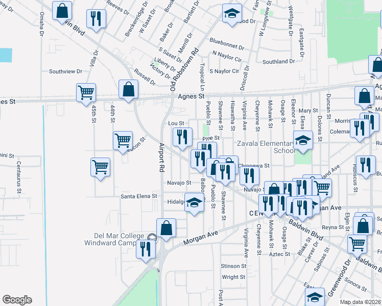 map of restaurants, bars, coffee shops, grocery stores, and more near 3930 Cortez Street in Corpus Christi