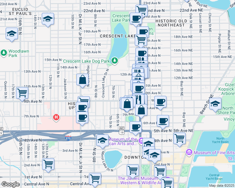 map of restaurants, bars, coffee shops, grocery stores, and more near 940 6th Street North in Saint Petersburg