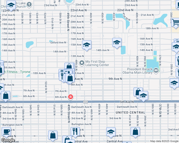 map of restaurants, bars, coffee shops, grocery stores, and more near 4636 10th Avenue North in St. Petersburg
