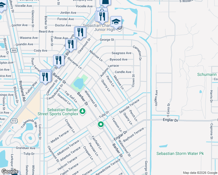 map of restaurants, bars, coffee shops, grocery stores, and more near 462 Quarry Lane in Sebastian