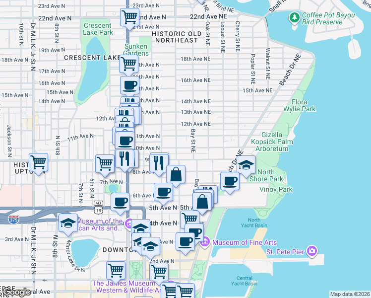 map of restaurants, bars, coffee shops, grocery stores, and more near 136 1/2 10th Avenue Northeast in Saint Petersburg