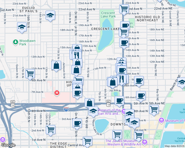 map of restaurants, bars, coffee shops, grocery stores, and more near 910 Crescent Lake Drive North in St. Petersburg