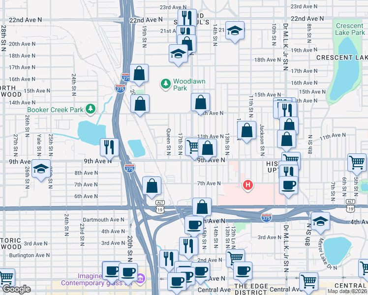 map of restaurants, bars, coffee shops, grocery stores, and more near 916 17th Street North in St. Petersburg