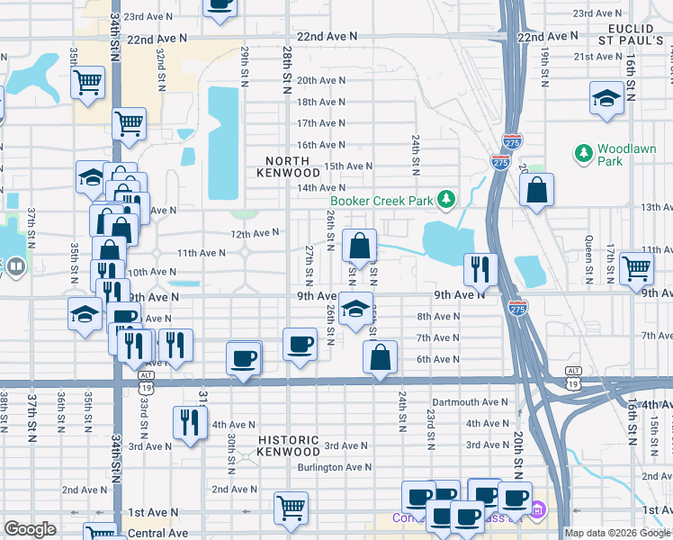 map of restaurants, bars, coffee shops, grocery stores, and more near 908 26th Street North in St. Petersburg
