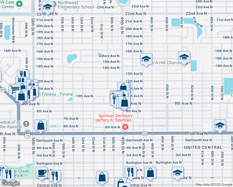map of restaurants, bars, coffee shops, grocery stores, and more near 975 50th Street North in St. Petersburg