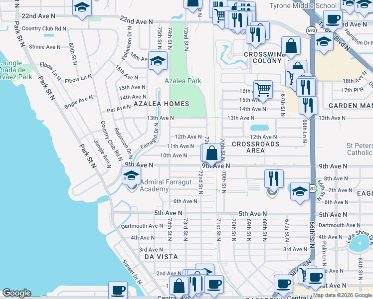map of restaurants, bars, coffee shops, grocery stores, and more near 7326 10th Avenue North in St. Petersburg