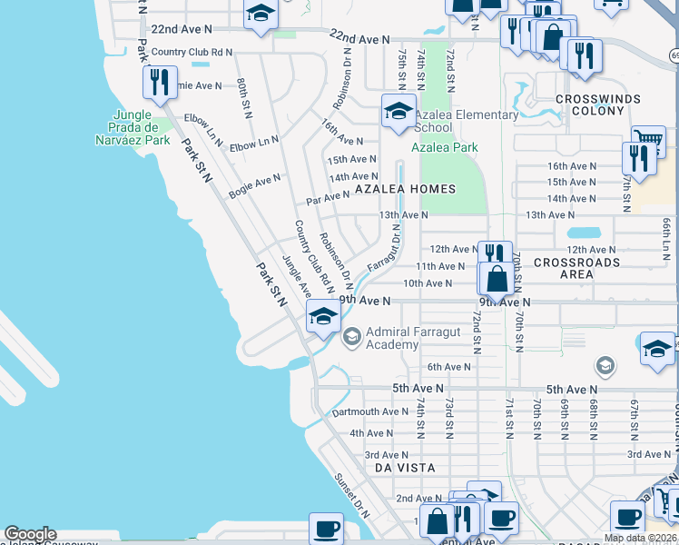 map of restaurants, bars, coffee shops, grocery stores, and more near 911 Country Club Road North in St. Petersburg