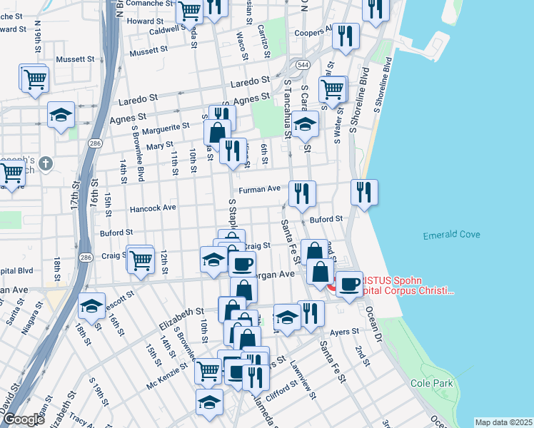 map of restaurants, bars, coffee shops, grocery stores, and more near 816 Buford Street in Corpus Christi