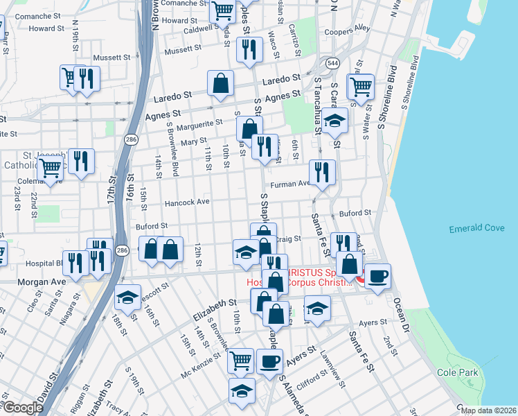 map of restaurants, bars, coffee shops, grocery stores, and more near 1116 Buford Street in Corpus Christi