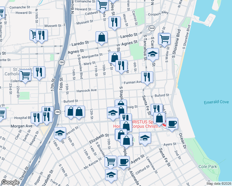 map of restaurants, bars, coffee shops, grocery stores, and more near 1116 Buford Street in Corpus Christi