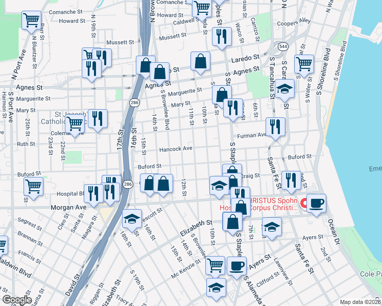 map of restaurants, bars, coffee shops, grocery stores, and more near 1025 11th Street in Corpus Christi