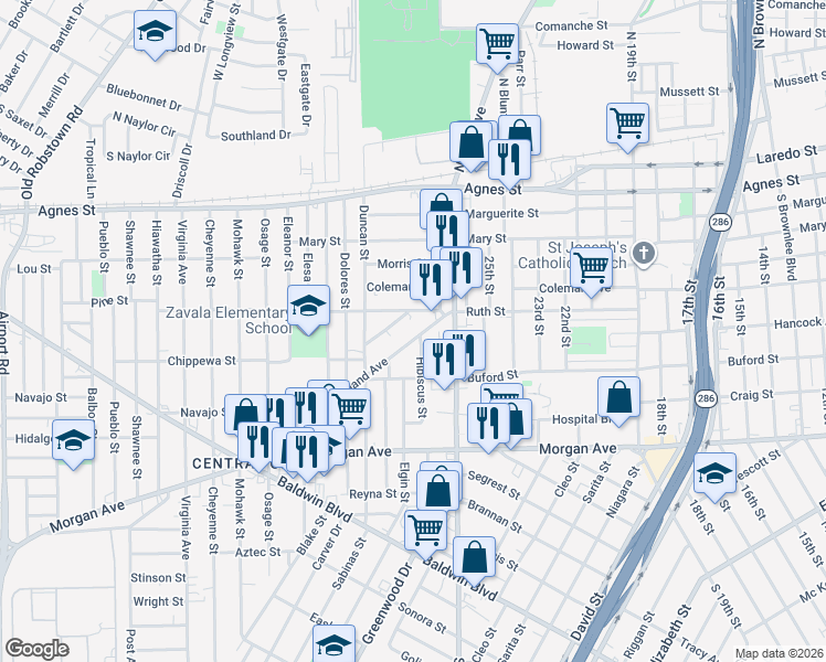 map of restaurants, bars, coffee shops, grocery stores, and more near 2851 Highland Avenue in Corpus Christi