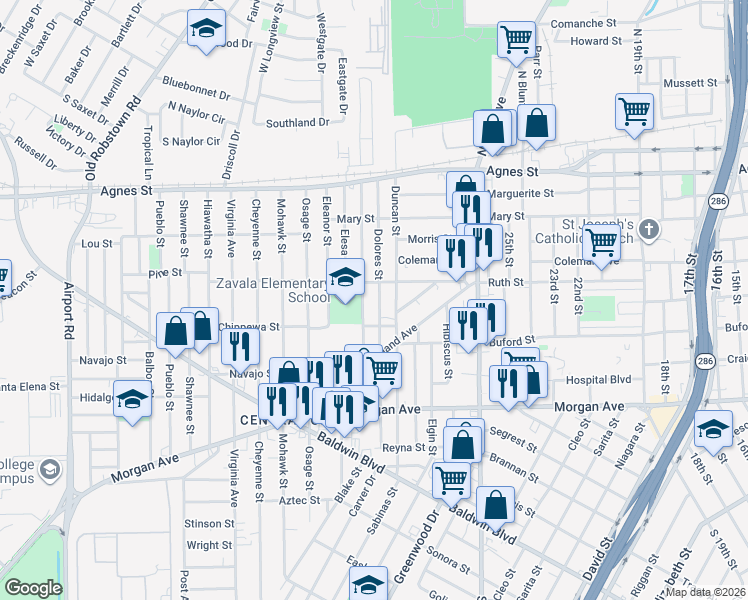 map of restaurants, bars, coffee shops, grocery stores, and more near 937 Dolores Street in Corpus Christi