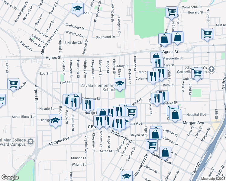 map of restaurants, bars, coffee shops, grocery stores, and more near 937 Eleanor Street in Corpus Christi