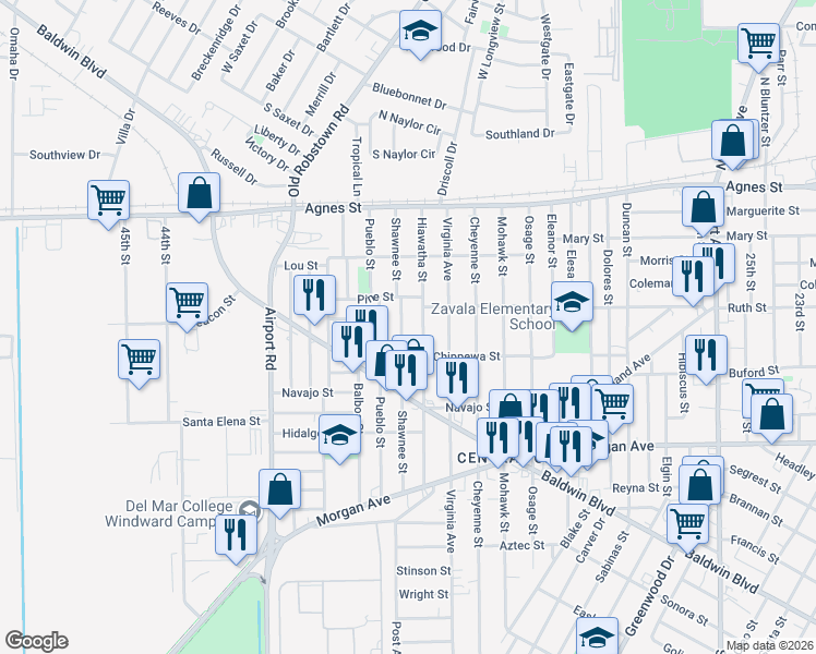 map of restaurants, bars, coffee shops, grocery stores, and more near 354 Shawnee Street in Corpus Christi