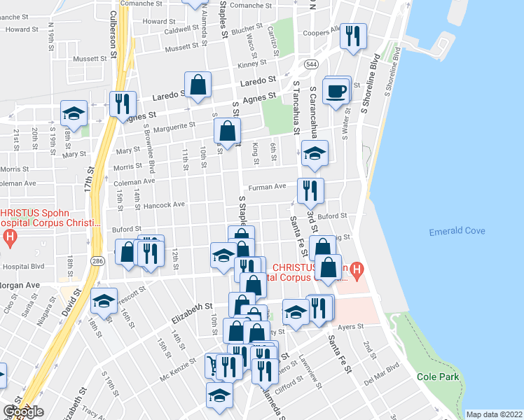 map of restaurants, bars, coffee shops, grocery stores, and more near 1006 7th Street in Corpus Christi