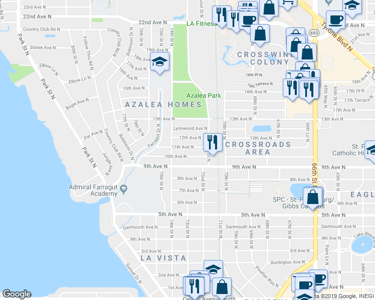 map of restaurants, bars, coffee shops, grocery stores, and more near 7326 10th Avenue North in St. Petersburg