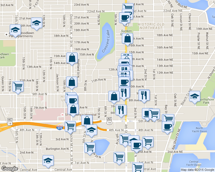 map of restaurants, bars, coffee shops, grocery stores, and more near 527 9th Avenue North in St. Petersburg