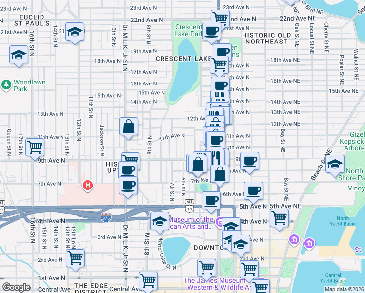 map of restaurants, bars, coffee shops, grocery stores, and more near 527 9th Avenue North in St. Petersburg
