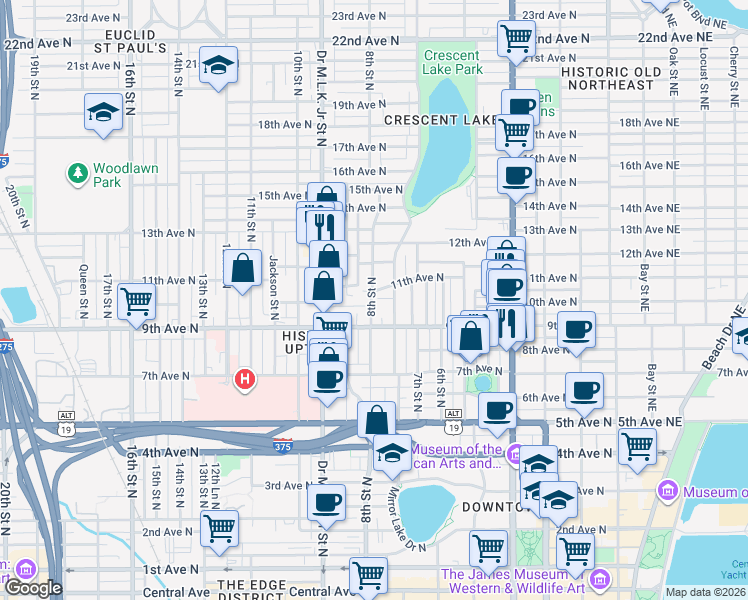map of restaurants, bars, coffee shops, grocery stores, and more near 910 Crescent Lake Drive North in St. Petersburg