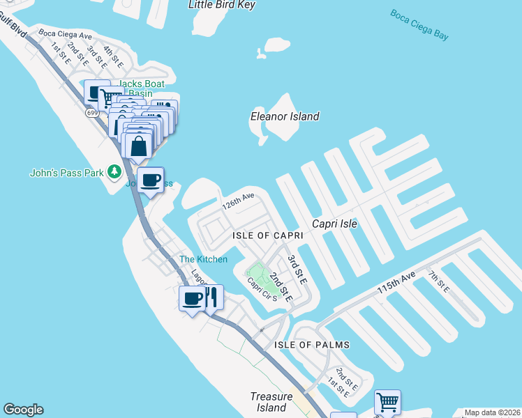 map of restaurants, bars, coffee shops, grocery stores, and more near 12323 Sun Vista Court East in Treasure Island