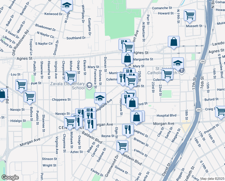 map of restaurants, bars, coffee shops, grocery stores, and more near 2949 Sunrise Avenue in Corpus Christi