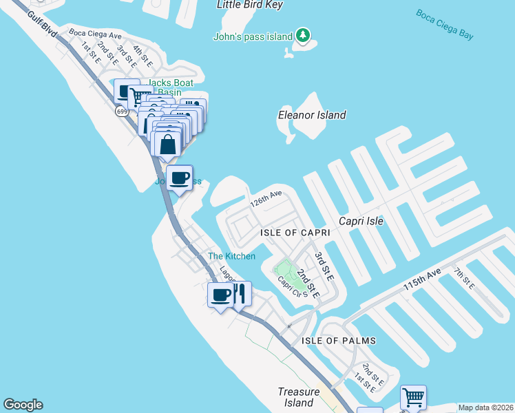 map of restaurants, bars, coffee shops, grocery stores, and more near 227 126th Avenue in Treasure Island