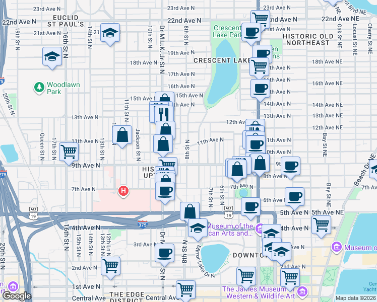 map of restaurants, bars, coffee shops, grocery stores, and more near 910 Crescent Lake Drive North in St. Petersburg