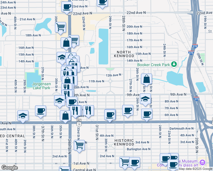 map of restaurants, bars, coffee shops, grocery stores, and more near 2919 10th Avenue North in Saint Petersburg
