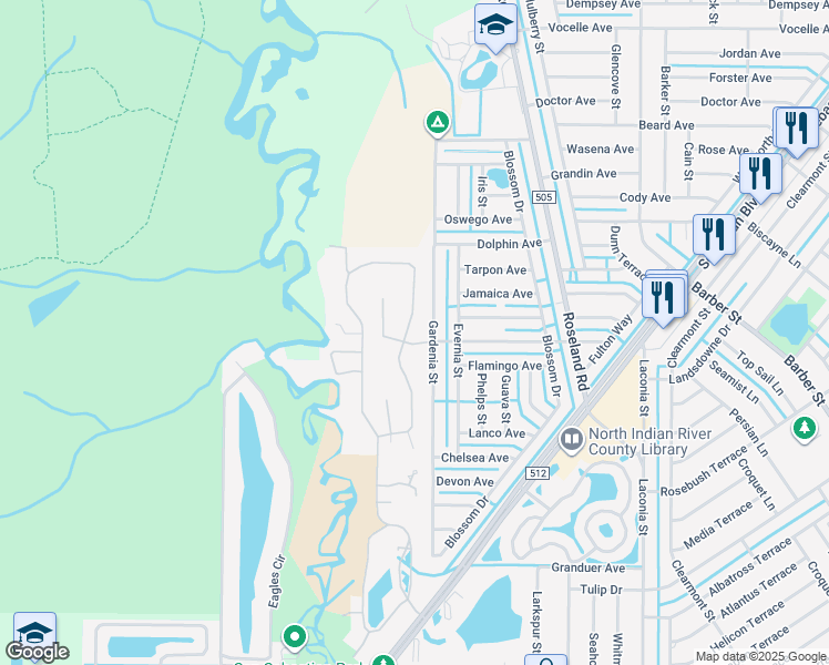 map of restaurants, bars, coffee shops, grocery stores, and more near 605 Cross Creek Drive in Sebastian