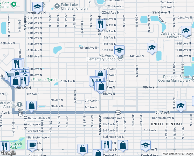 map of restaurants, bars, coffee shops, grocery stores, and more near 975 50th Street North in St. Petersburg
