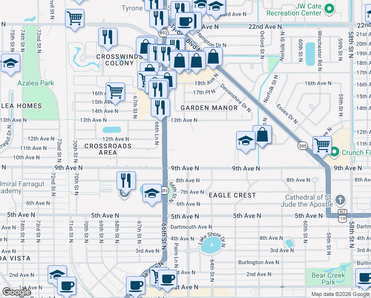map of restaurants, bars, coffee shops, grocery stores, and more near 1101 66th Street North in St. Petersburg