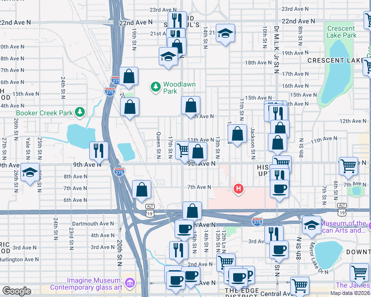 map of restaurants, bars, coffee shops, grocery stores, and more near 1101 16th Street North in St. Petersburg