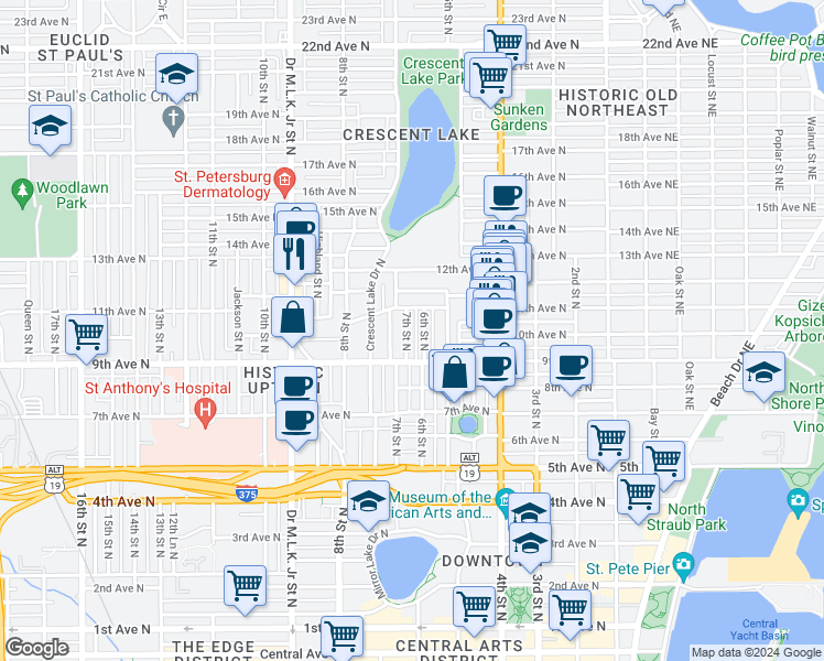map of restaurants, bars, coffee shops, grocery stores, and more near 1048 7th Street North in St. Petersburg