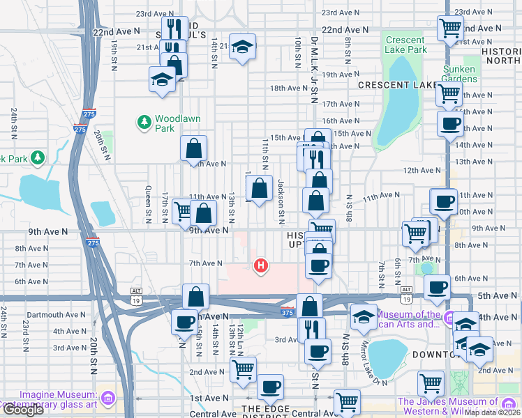 map of restaurants, bars, coffee shops, grocery stores, and more near 1100 11th Street North in St. Petersburg