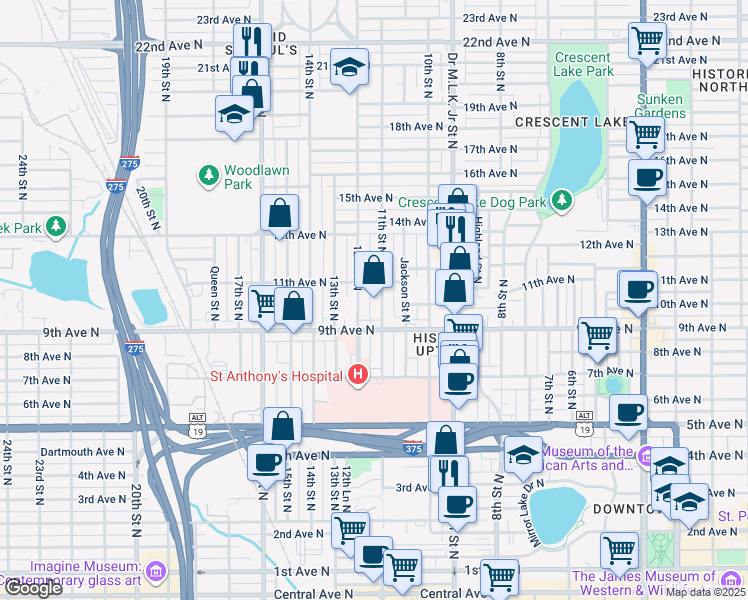 map of restaurants, bars, coffee shops, grocery stores, and more near 1100 11th Street North in St. Petersburg