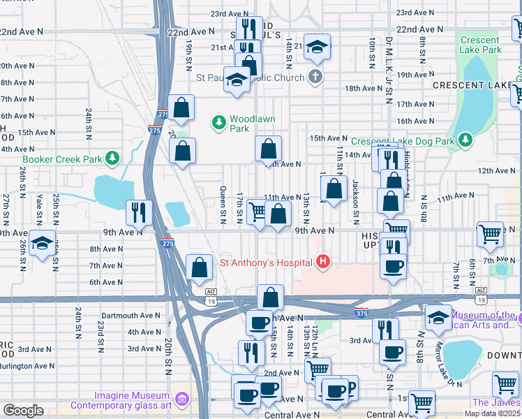 map of restaurants, bars, coffee shops, grocery stores, and more near 1101 16th Street North in St. Petersburg
