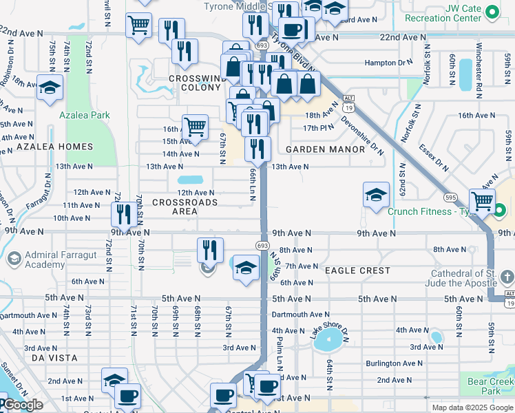 map of restaurants, bars, coffee shops, grocery stores, and more near 6632 12th Avenue North in St. Petersburg
