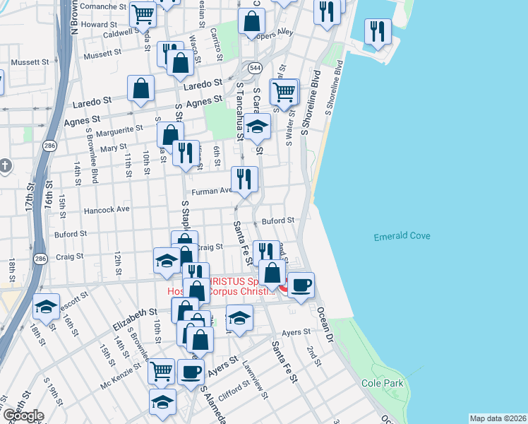 map of restaurants, bars, coffee shops, grocery stores, and more near 522 Hancock Avenue in Corpus Christi