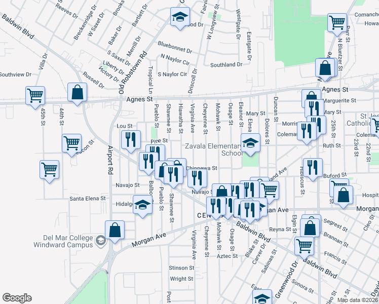 map of restaurants, bars, coffee shops, grocery stores, and more near 242 Virginia Avenue in Corpus Christi