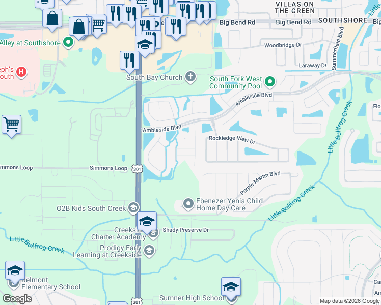 map of restaurants, bars, coffee shops, grocery stores, and more near 10616 Little Bend Lane in Riverview
