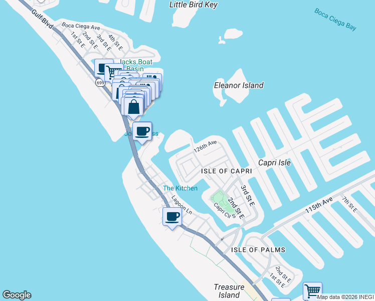 map of restaurants, bars, coffee shops, grocery stores, and more near 12592 Capri Circle North in Treasure Island