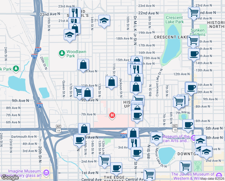 map of restaurants, bars, coffee shops, grocery stores, and more near 1100 11th Street North in St. Petersburg