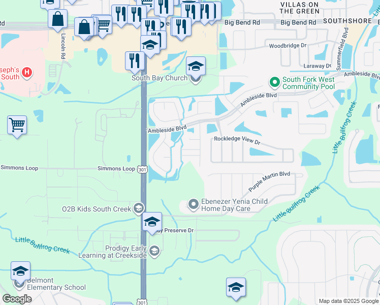 map of restaurants, bars, coffee shops, grocery stores, and more near 10610 Little Bend Lane in Riverview