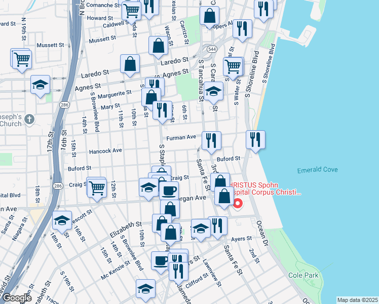 map of restaurants, bars, coffee shops, grocery stores, and more near 1006 6th Street in Corpus Christi